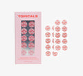 Dark spot remover patches from Topicals Faded showing the pink branded box alongside 20 individual round brightening patches on a white background.